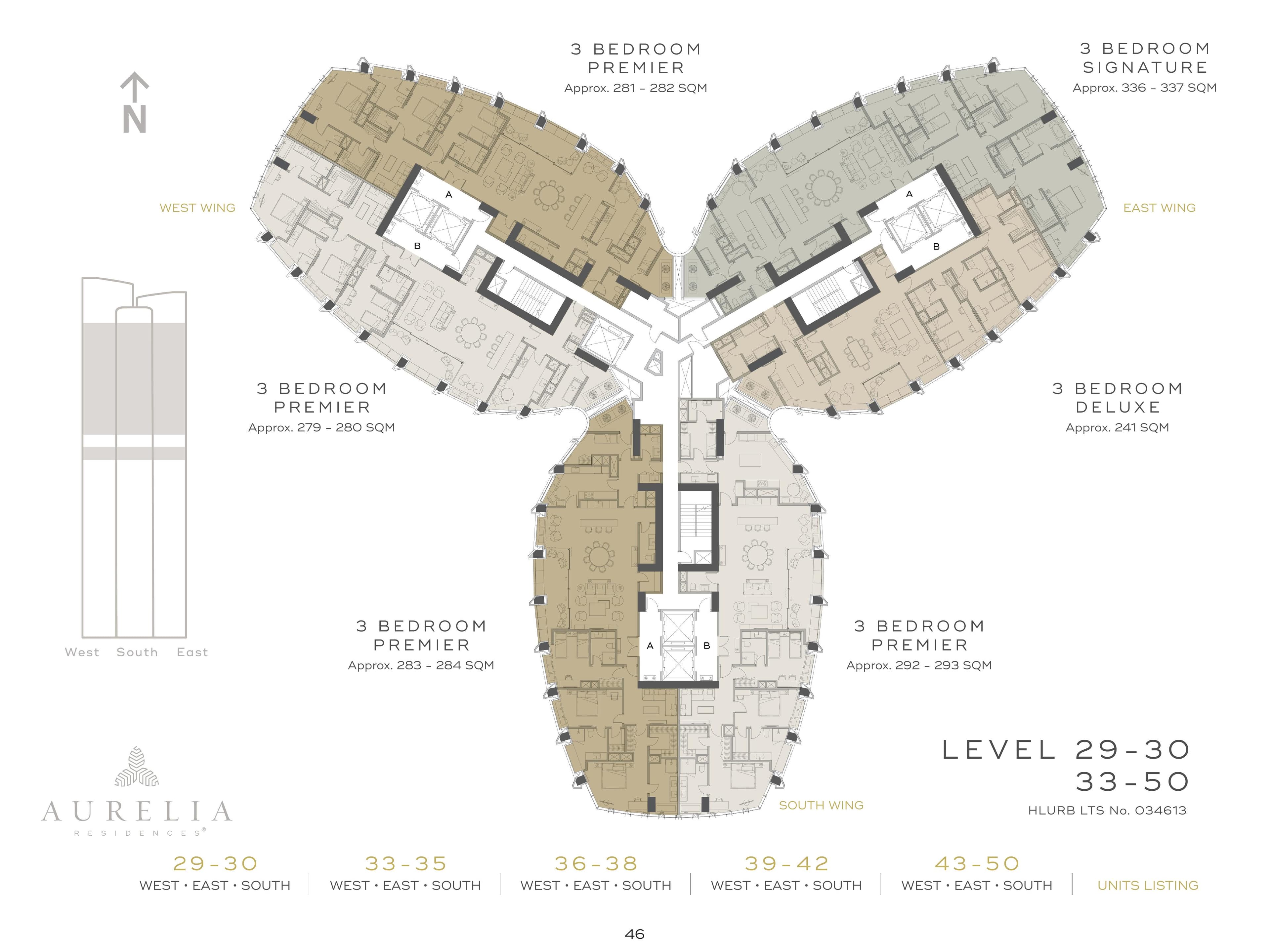 Aurelia Residences 3 Bedroom Floor Plan — Levels 29–30 & 33–50 — 3BR Premier, Signature & Deluxe