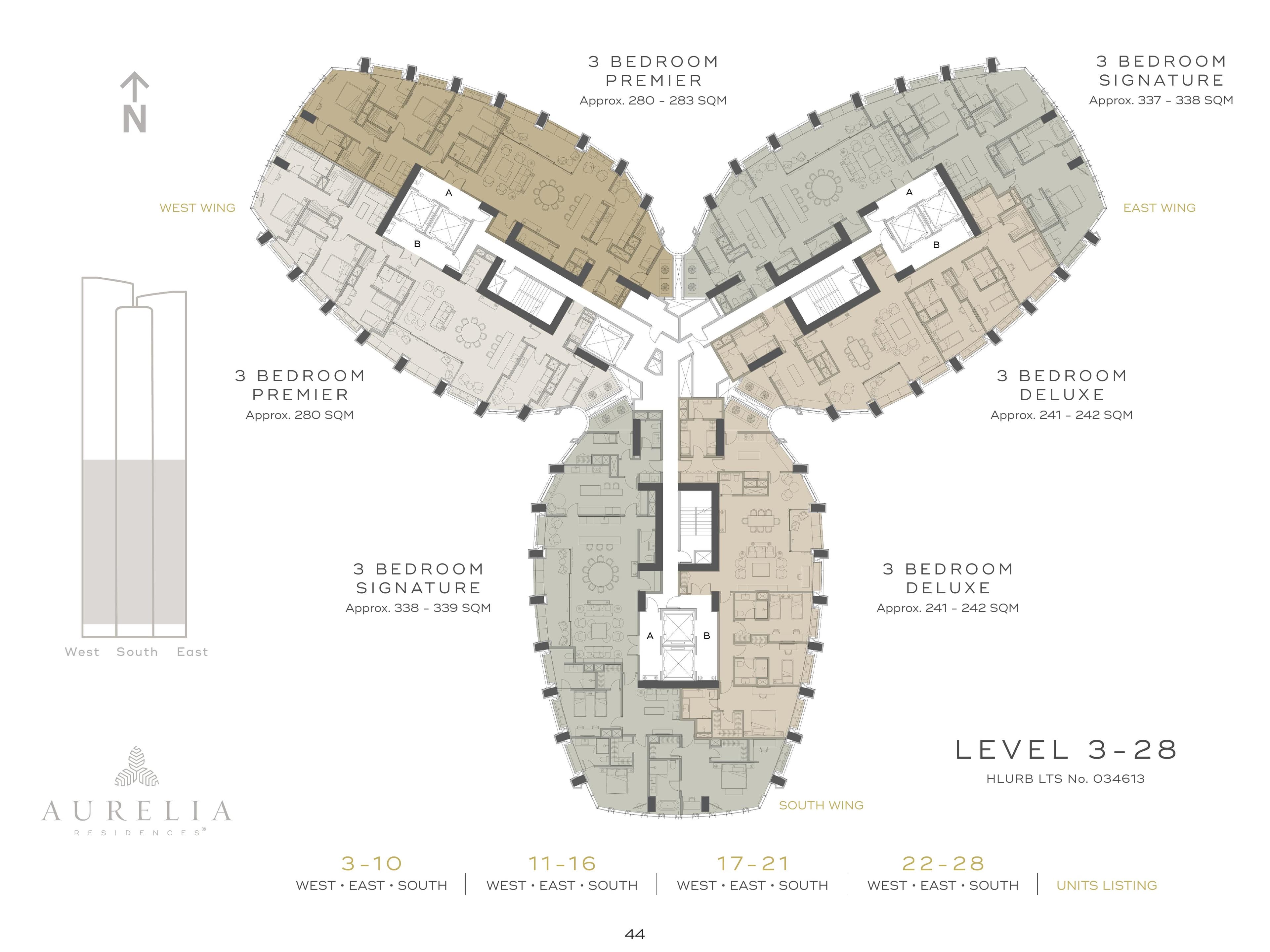 Aurelia Residences 3 Bedroom Floor Plan — Levels 3–28 — 3BR Deluxe, Premier & Signature