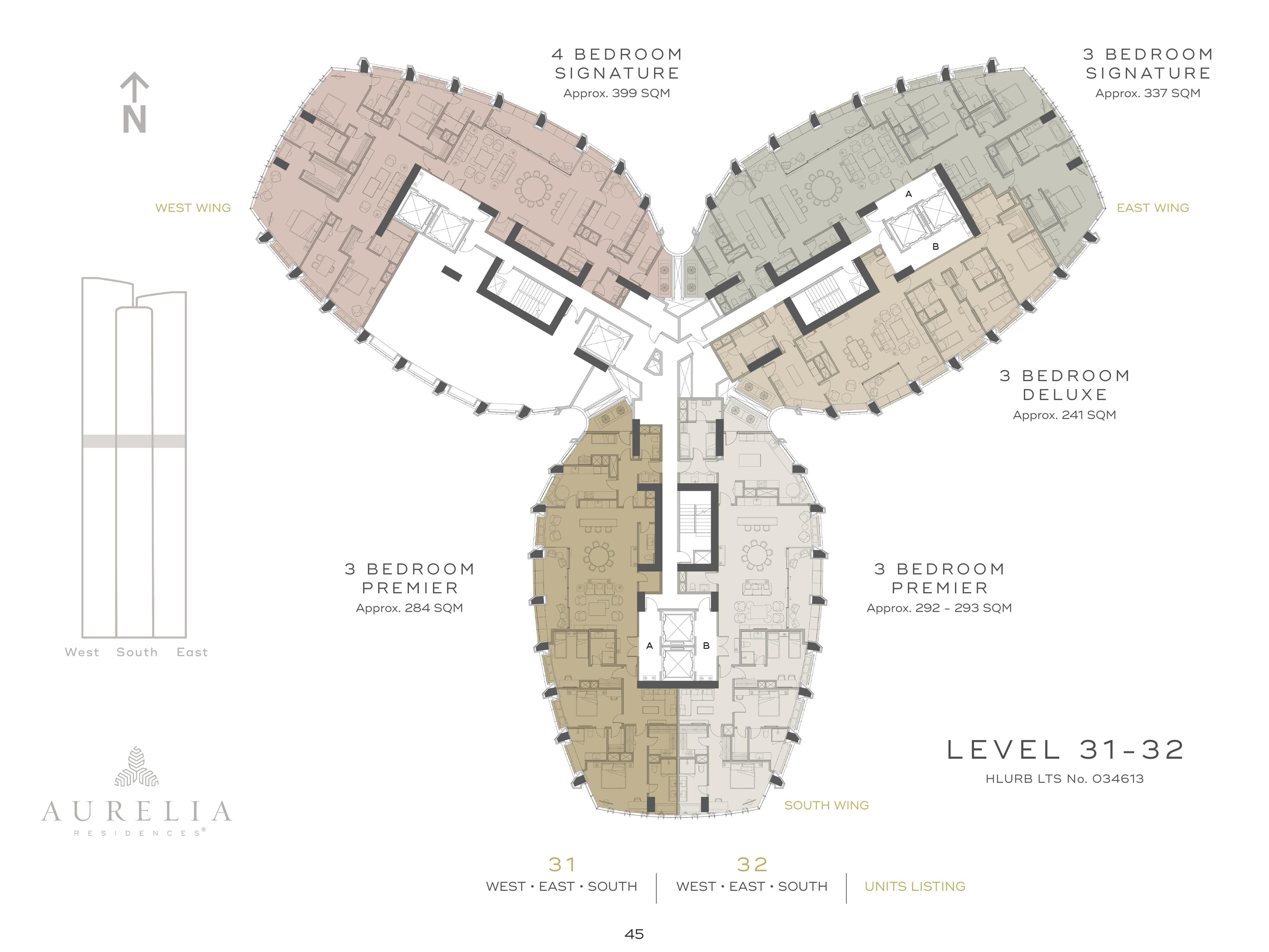 Aurelia Residences 4 Bedroom Floor Plan — Levels 31–32 — 4BR Signature (≈399 sqm) + 3BR residences